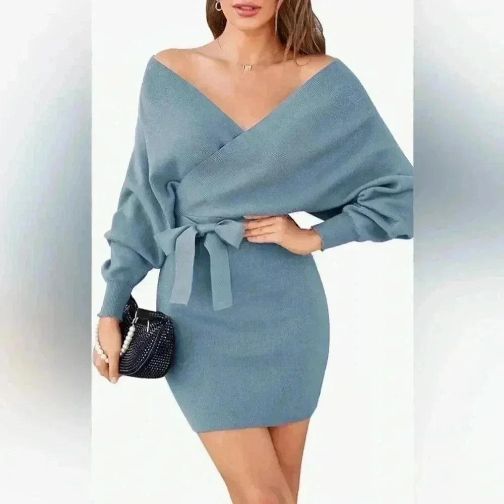 Zonsaoja Women's Sweater Dress Sexy VNeck Long Sleeve Backless Wrap Mini Dress M